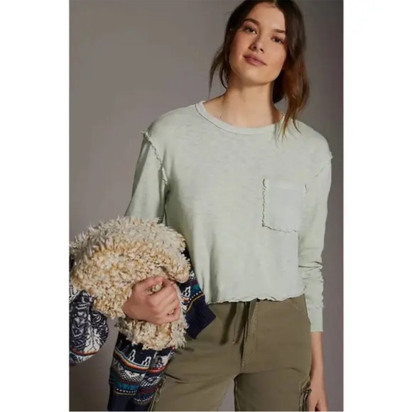 Anthropologie T.LA Cropped Long Sleeve  Crewneck Top Green Size XS - Picture 1 of 8